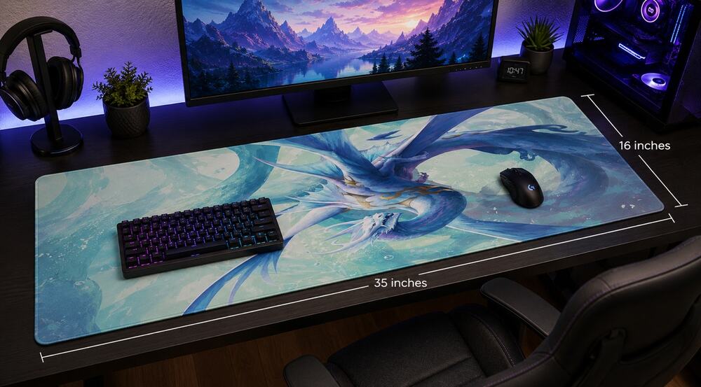 Fantasy Ice Dragon Gaming Mouse Pad XL Desk Mat Anime RPG Gamer 35x16 NEW